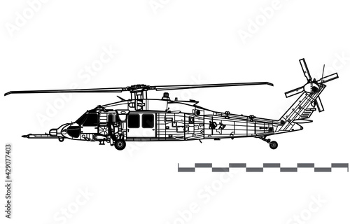 Sikorsky HH-60W Jolly Green II. Vector drawing of search and rescue helicopter. Side view. Image for illustration and infographics.