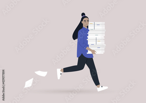 Time management concept, a young female Asian character running with a huge pile of documents, office life, deadlines