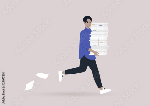 Time management concept, a young male Asian character running with a huge pile of documents, office life, deadlines