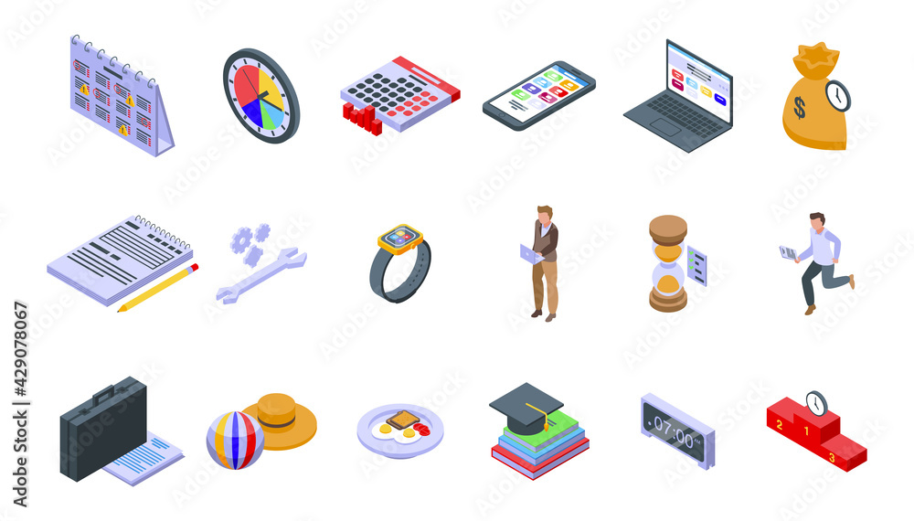 Time management icons set. Isometric set of time management vector icons for web design isolated on white background Time management icons set. Isometric set of time management vector icons for web design isolated on white background