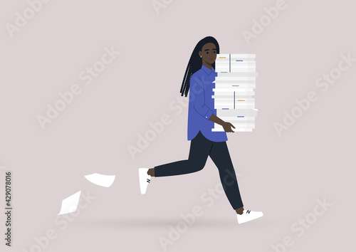 Time management concept, a young female Black character running with a huge pile of documents, office life, deadlines