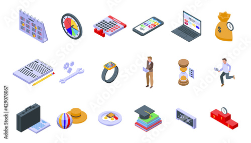 Time management icons set. Isometric set of time management vector icons for web design isolated on white background