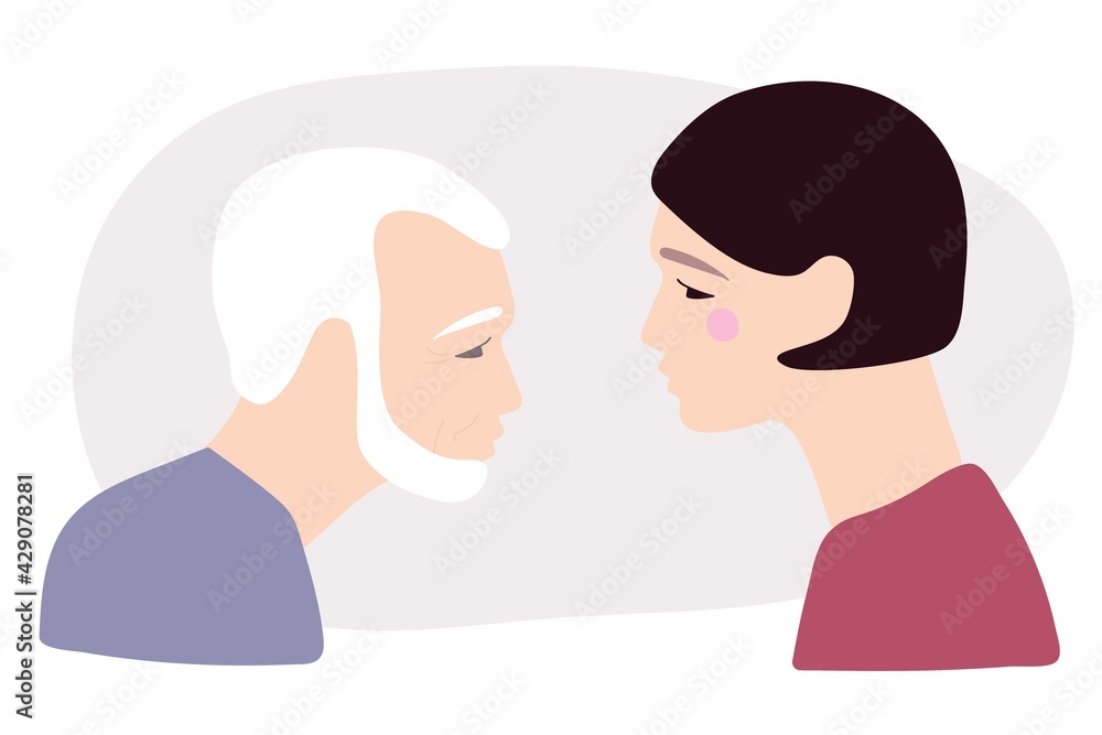Elderly man with gray hair and wrinkles and his daughter. Flat vector illuctration. Caucasian Portraits in profile. Family, generation and people concept. Young girl and her old father Elderly man with gray hair and wrinkles and his daughter. Flat vector illuctration. Caucasian Portraits in profile. Family, generation and people concept. Young girl and her old father