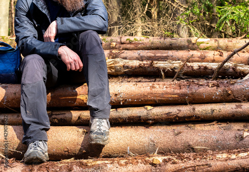 Young man hiker or backpacker sitting on a trunks in the forest and relaxing, freedom,hiking and individuality concept