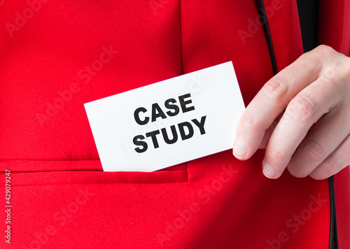 CASE STUDY, message on the card, which a woman puts in the pocket of her red jacket