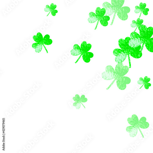 St patricks day background with shamrock. Lucky trefoil confetti. Glitter frame of clover leaves. Template for party invite  retail offer and ad. Festal st patricks day backdrop.