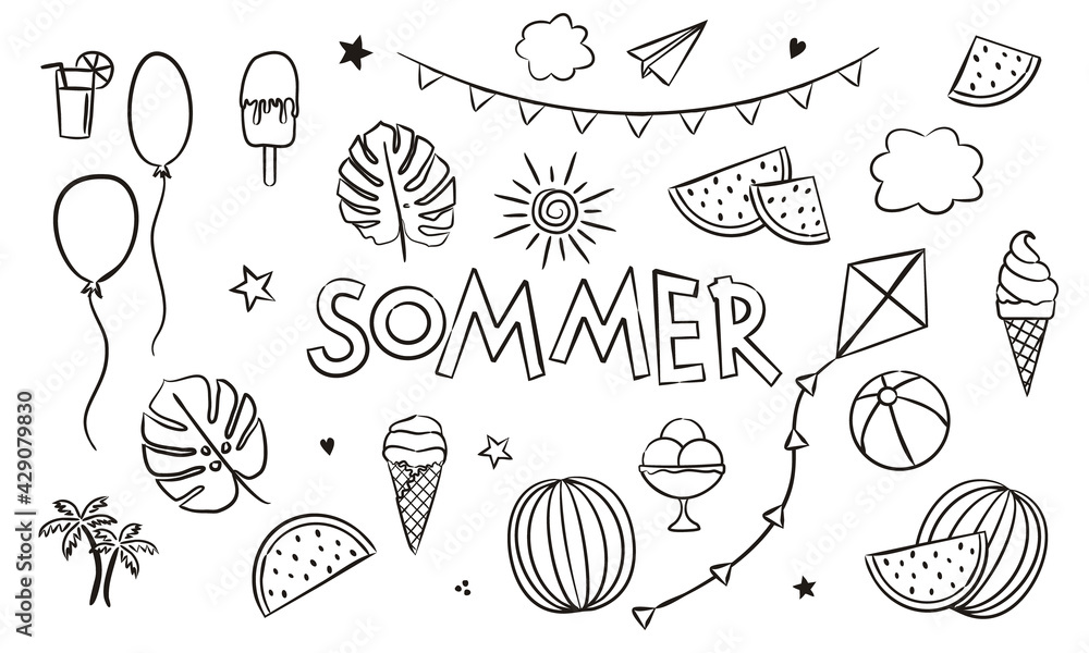 German Summer coloring. Doodle Elements for seasonal calendar. Hand-drawn doodle objects isolated on white background. Vector illustration for yearbooks and calendars for Germany.