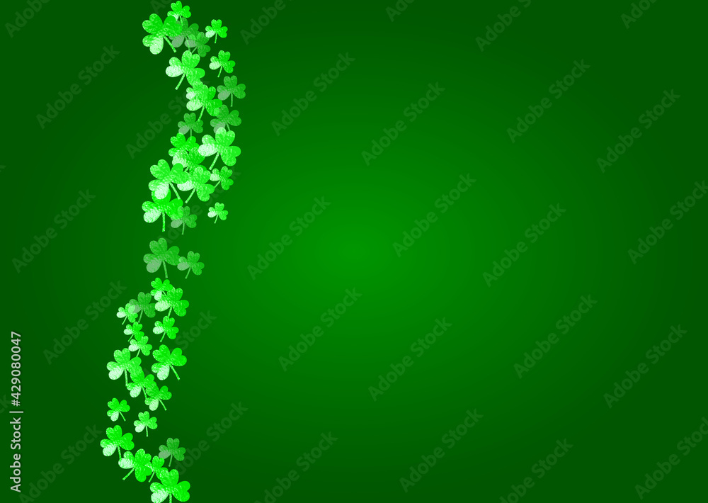 Shamrock background for Saint Patricks Day.  Lucky trefoil confetti. Glitter frame of clover leaves. Template for voucher, special business ad, banner. Happy shamrock background.