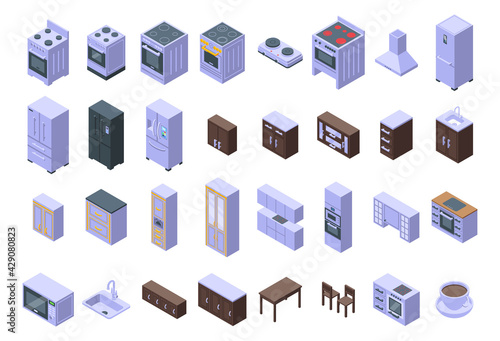 Kitchen furniture icons set. Isometric set of kitchen furniture vector icons for web design isolated on white background