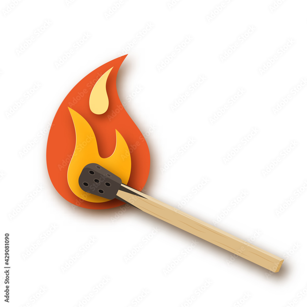 Burning match, matchstick with fire or flame. Paper cut design. Simple vector illustration on white background Burning match, matchstick with fire or flame. Paper cut design. Simple vector illustration on white background