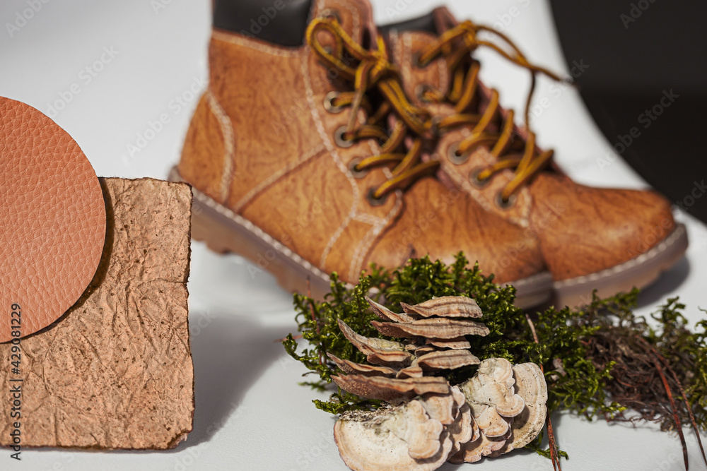 Vegan leather shoes from mushroom mycelium. samples of vegan bio leather, eco friendly concept - obrazy, fototapety, plakaty 