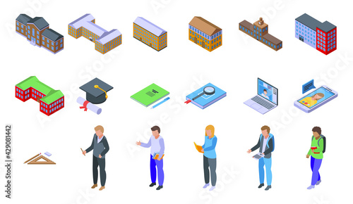 Campus icons set. Isometric set of campus vector icons for web design isolated on white background