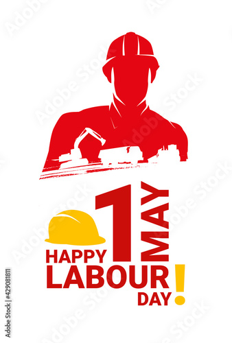 May 1, Happy Labour Day, greeting card template with silhouette of worker, hard hat and construction machinery. Vector illustration with double exposure for card, web banners, flyer, poster design.