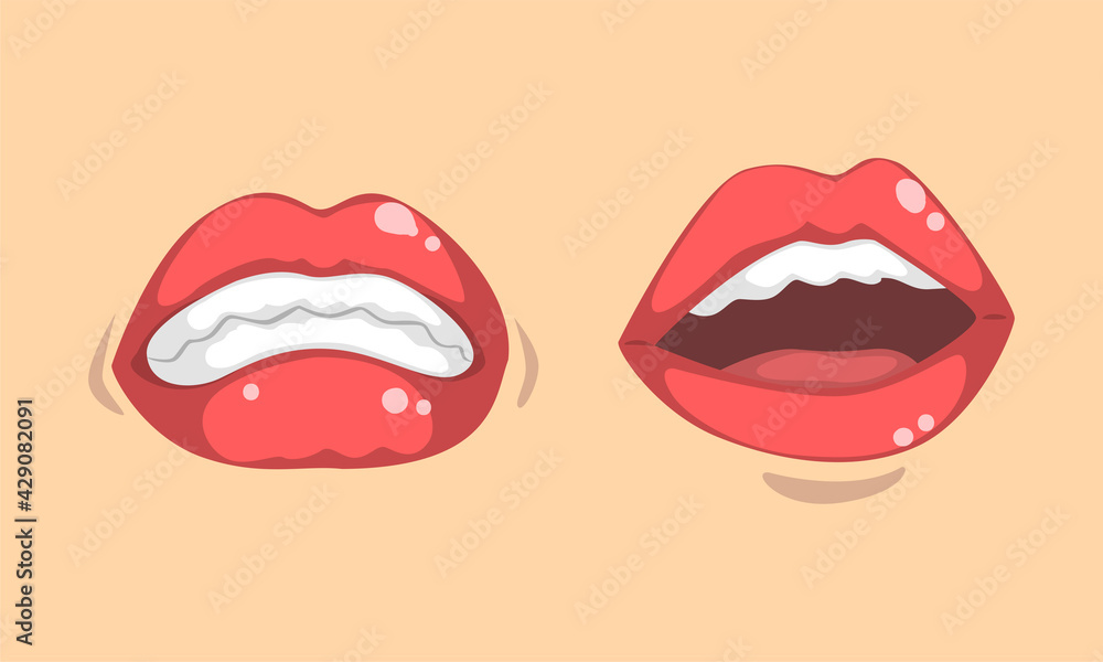 Fototapeta Upper and Lower Lips of Mouth Curving in Different Gestures Vector Set