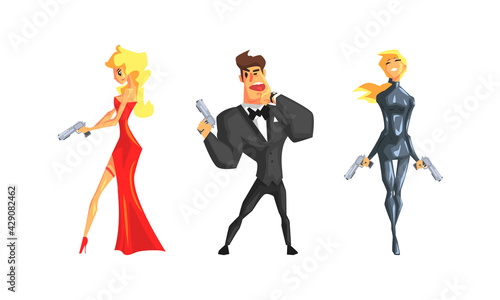 Male and Female as Undercover Secret Agents Engaged in Espionage or Spying Vector Set