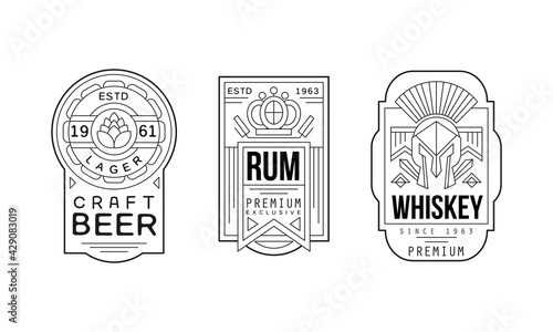 Alcohol Labels with Beer, Rum and Whiskey Vector Set