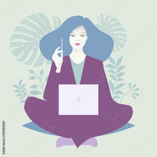 Oriental woman sitting comfortably with a laptop and a pencil, surrounded by plants