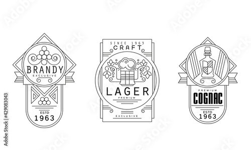 Alcohol Labels with Brandy, Lager and Cognac Vector Set