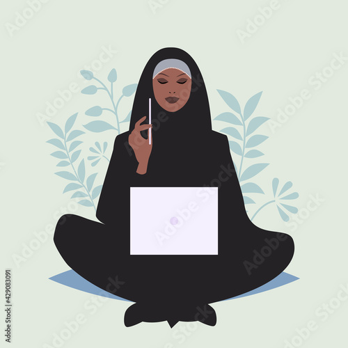 Arabian business woman sitting comfortably with a laptop and a pencil, surrounded by plants
