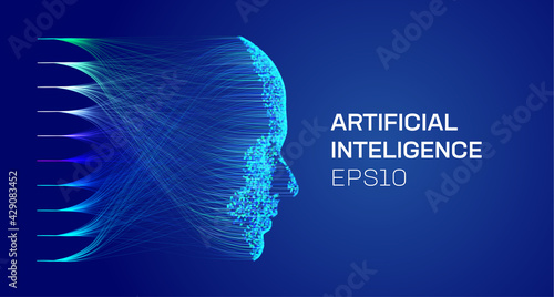 artificial intelligence face, face from particles, data analysis, data science.