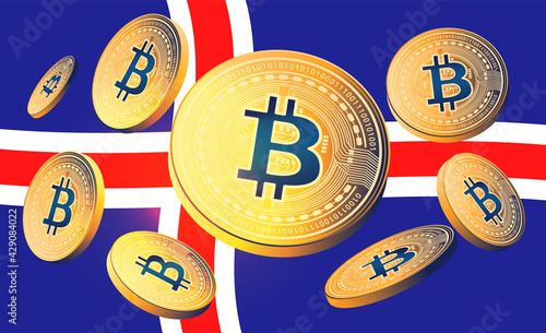 Bitcoin Iceland - Coins flying in front of the Icelandic flag. Vector illustration.