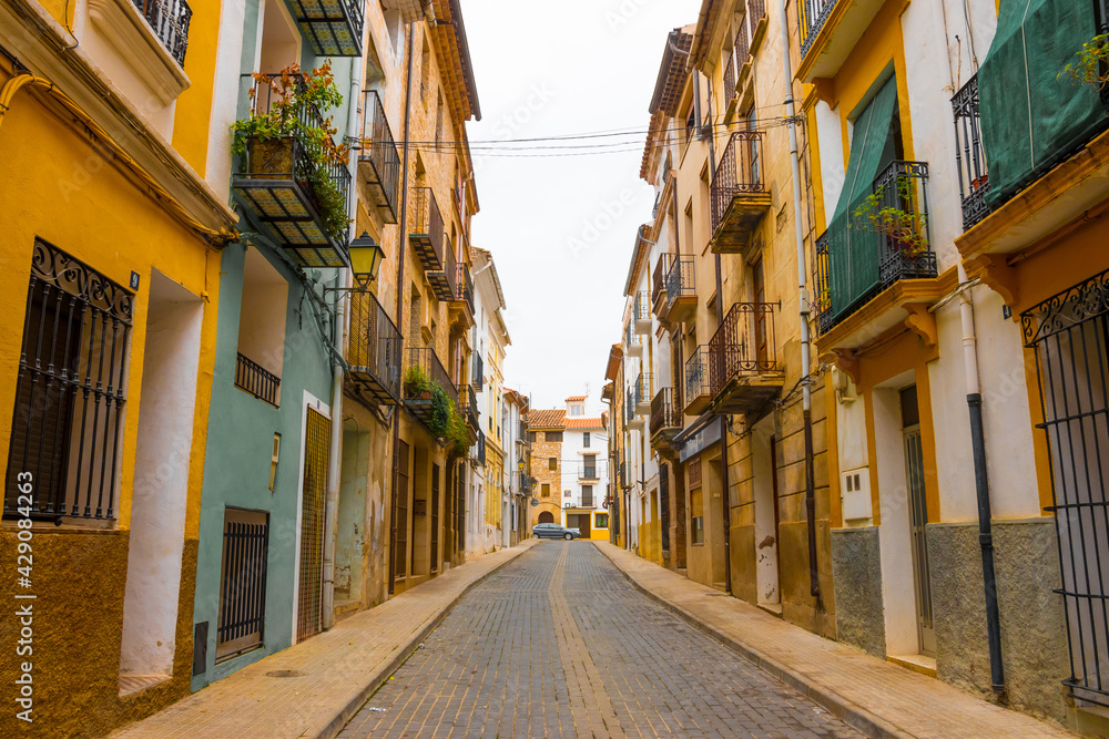 Atzeneta del Maestrat, Castellon province, Valencian Community, Spain. Beautiful historic street. Traditional and typical spanish village. Nobody, Coronavirus period.