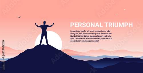 Personal triumph - Male person standing on mountain peak with raised hands, having overcome adversity. Mental strength and winner mentality concept. Vector illustration.
