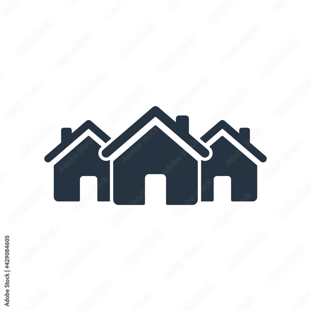 House icon. Three building symbol. Home sign. City business concept. Company pictogram. Vector isolated on white House icon. Three building symbol. Home sign. City business concept. Company pictogram. Vector isolated on white