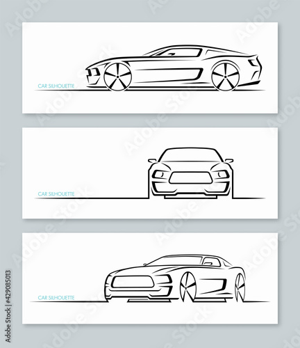 Set of muscle car silhouettes isolated on white background. Sports car contours, logo design templates. Side, front, three-quarter view. Vector illustration.