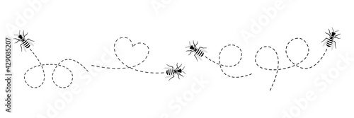 Bee icon set in black color. Bee flying on a dotted route. Vector illustration isolated on the white background.