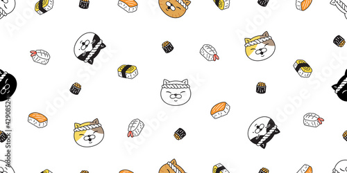 cat seamless pattern kitten chef sushi ramen head calico japan food vector pet scarf isolated cartoon animal tile wallpaper repeat background illustration doodle design