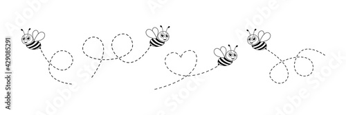 Bee icon set in black color. Bee flying on a dotted route. Vector illustration isolated on the white background.