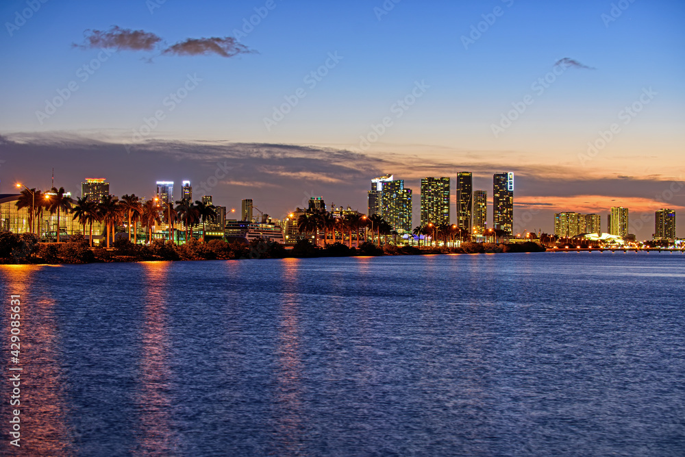 Obraz premium Miami city night. City of Miami, night panorama of downtown business skyscrapers.