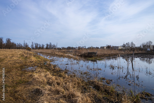 A flooded field on the outskirts of the village. Rural landscape with a rickety fence. High water on the outskirts of the village. Dry grass sticks out of the water.