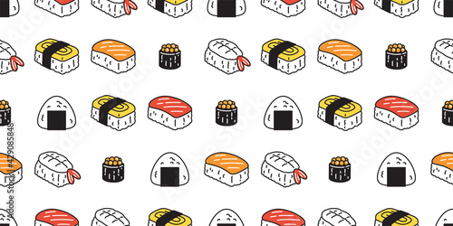 Sushi seamless pattern onigiri vector japanese food scarf isolated illustration cartoon tile background repeat wallpaper doodle design