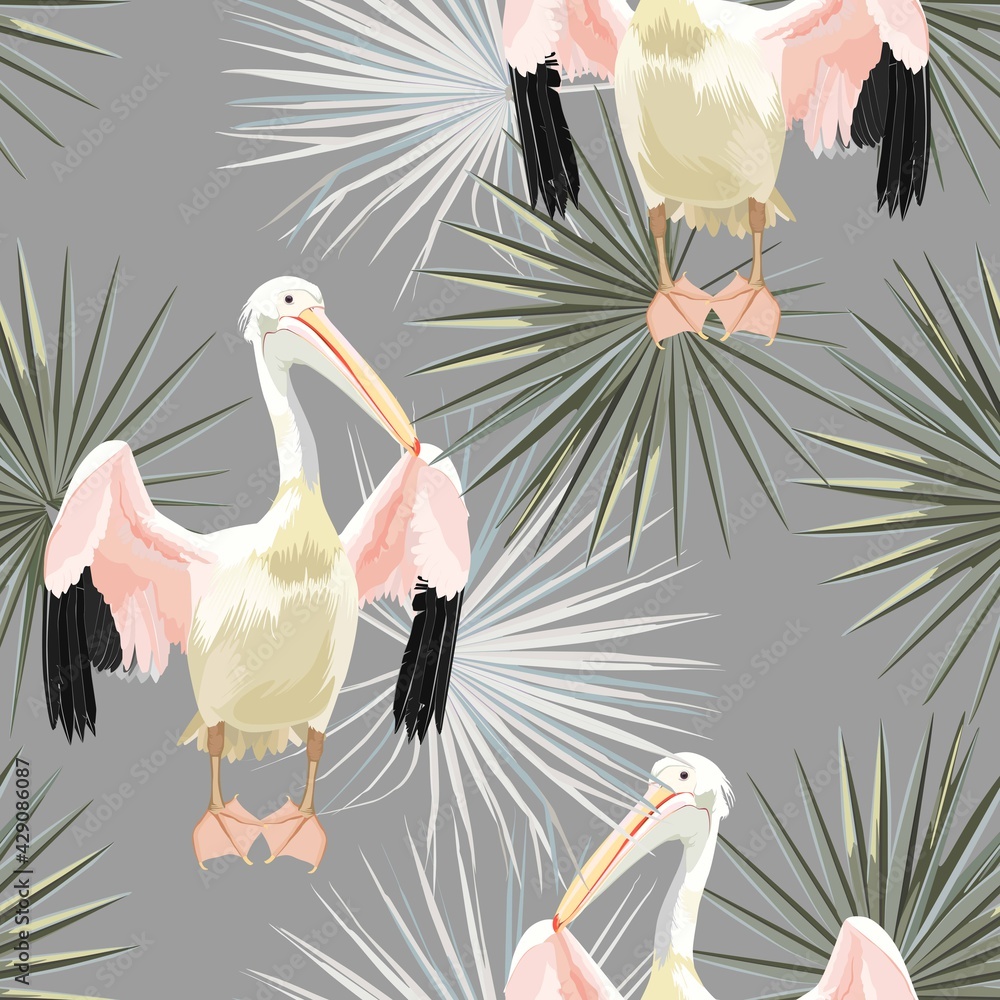 Fototapeta premium Tropical vintage green white palm leaves, pelican floral seamless pattern on grey background. Exotic jungle bird wallpaper.
