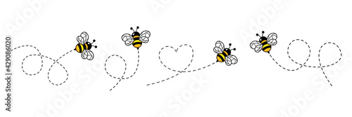 Bee icon set. Bee flying on a dotted route. Vector illustration isolated on the white background.