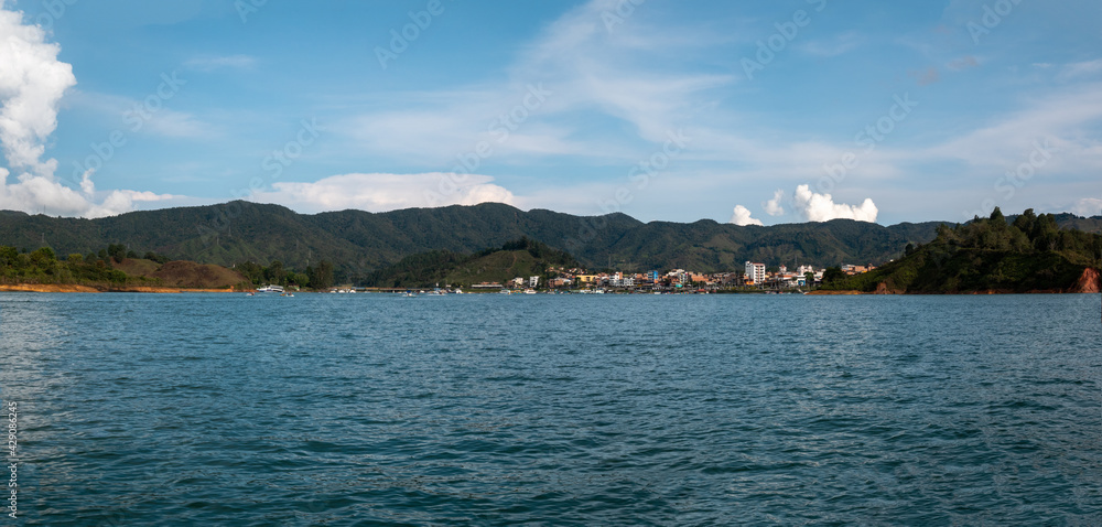 Panoramic View of Guatape from the Blue Water Reservoir Panoramic View of Guatape from the Blue Water Reservoir
