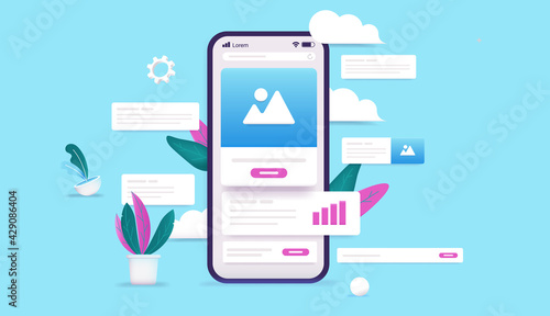 Smartphone with website elements - Abstract vector illustration of mobile phone with various user interface objects.