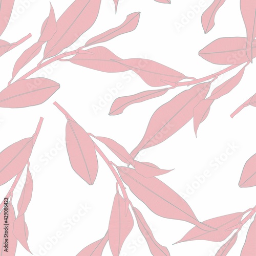 Seamless pattern background with Magnolia branch and leaf drawing illustration. Pink white line illustration.