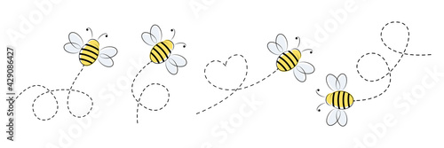 Bee icon set. Bee flying on a dotted route. Vector illustration isolated on the white background.