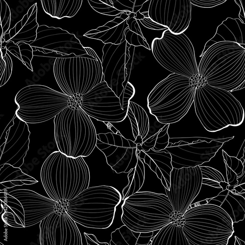 Dogwood branch with flowers seamless pattern. Cornus florida.  Line drawing. Black background.