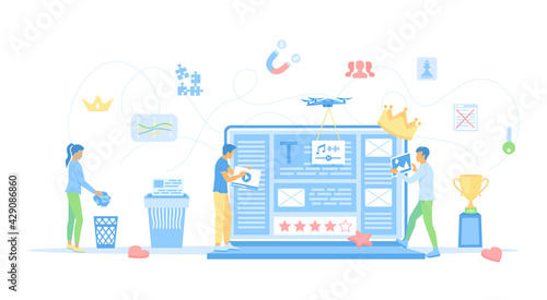 Content strategy, marketing, optimization, digital marketing. People create high quality content. Place photos, videos, audio, text files on the site. Vector illustration flat style.