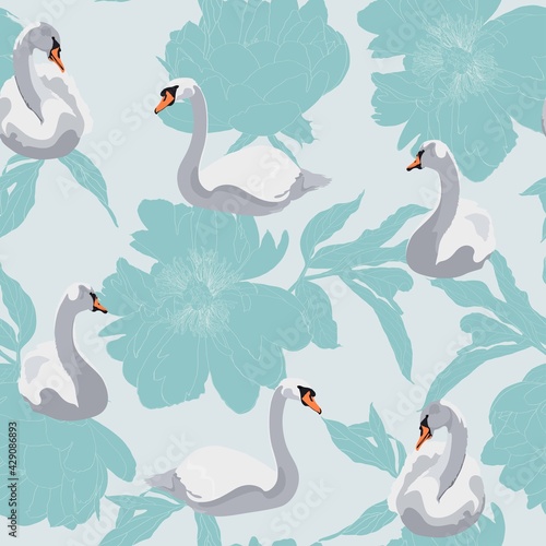 Fototapeta Naklejka Na Ścianę i Meble -  Beautiful seamless pattern with swans bird silhouette and line blue peony flowers illustration in blue color background.