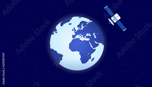 Earth and satellite - View from space of planet earth and communication satellite, on dark blue background with stars. Vector illustration.