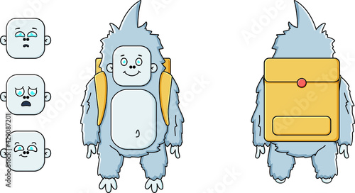 cute character set. constructor with different elements. emotional set. yeti monster with yellow backpack. Cartoon face expressions vector isolated illustration