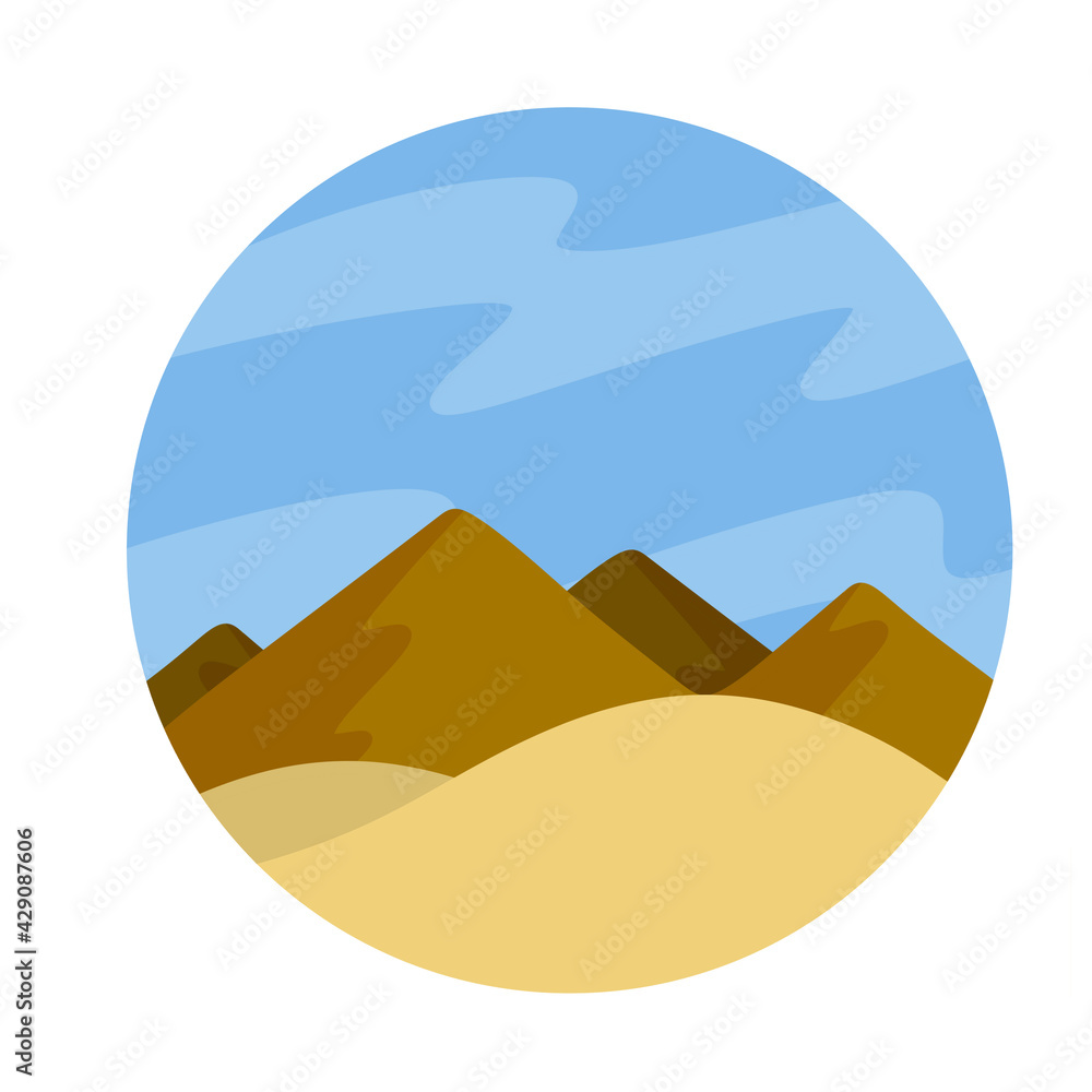 Desert. Sand and dunes. The southern landscape. Icon in a circle. Summer nature. Yellow hills and mountains