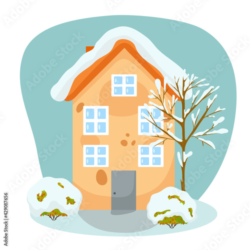 Cute house illustration in winter with tree and bushes on white background.