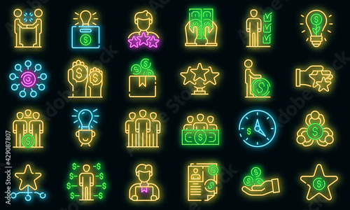 Crowdfunding icons set. Outline set of crowdfunding vector icons neon color on white