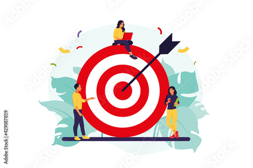 Business team achieving goal. Marketing strategy concept. People near huge target with arrow. Vector illustration. Isolated flat.